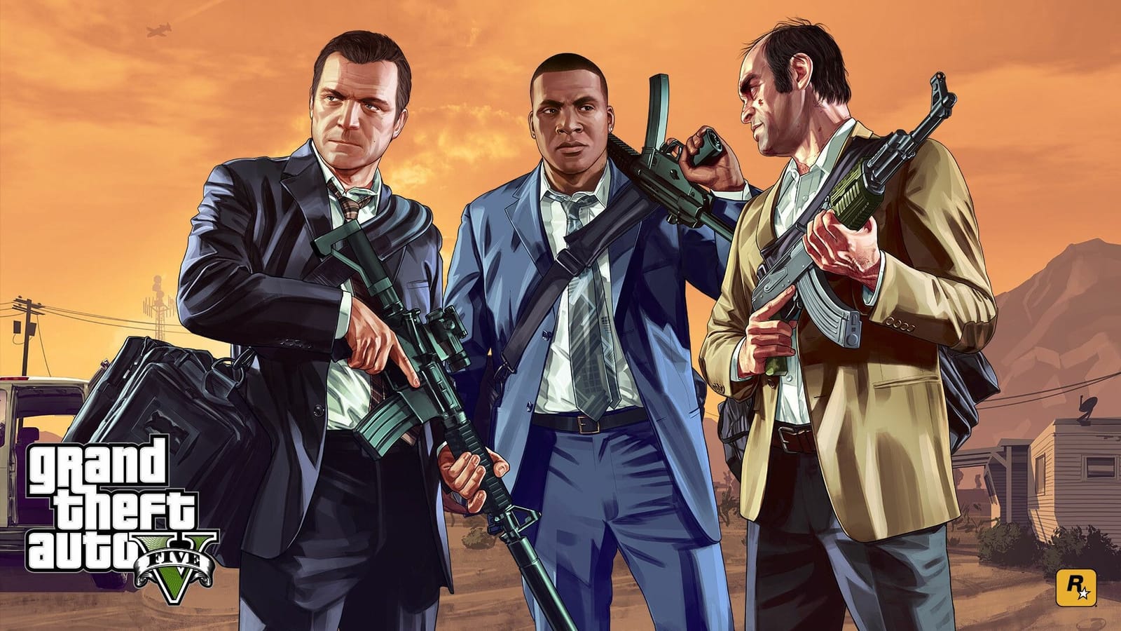 Grand Theft Auto V key art showing Michael, Franklin and Trevor