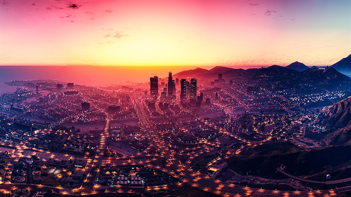 Los Santos at sunset, looking down over the freeway towards the downtown skyline