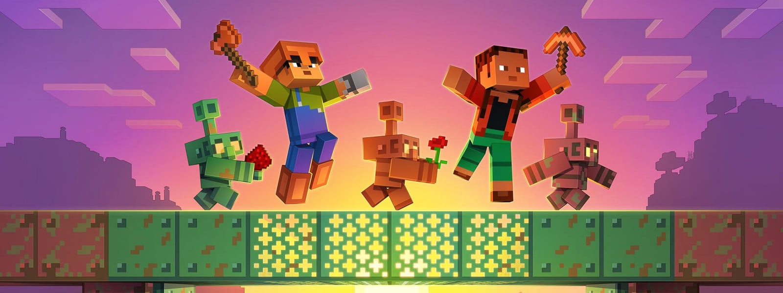 Minecraft characters on a bridge at sunset