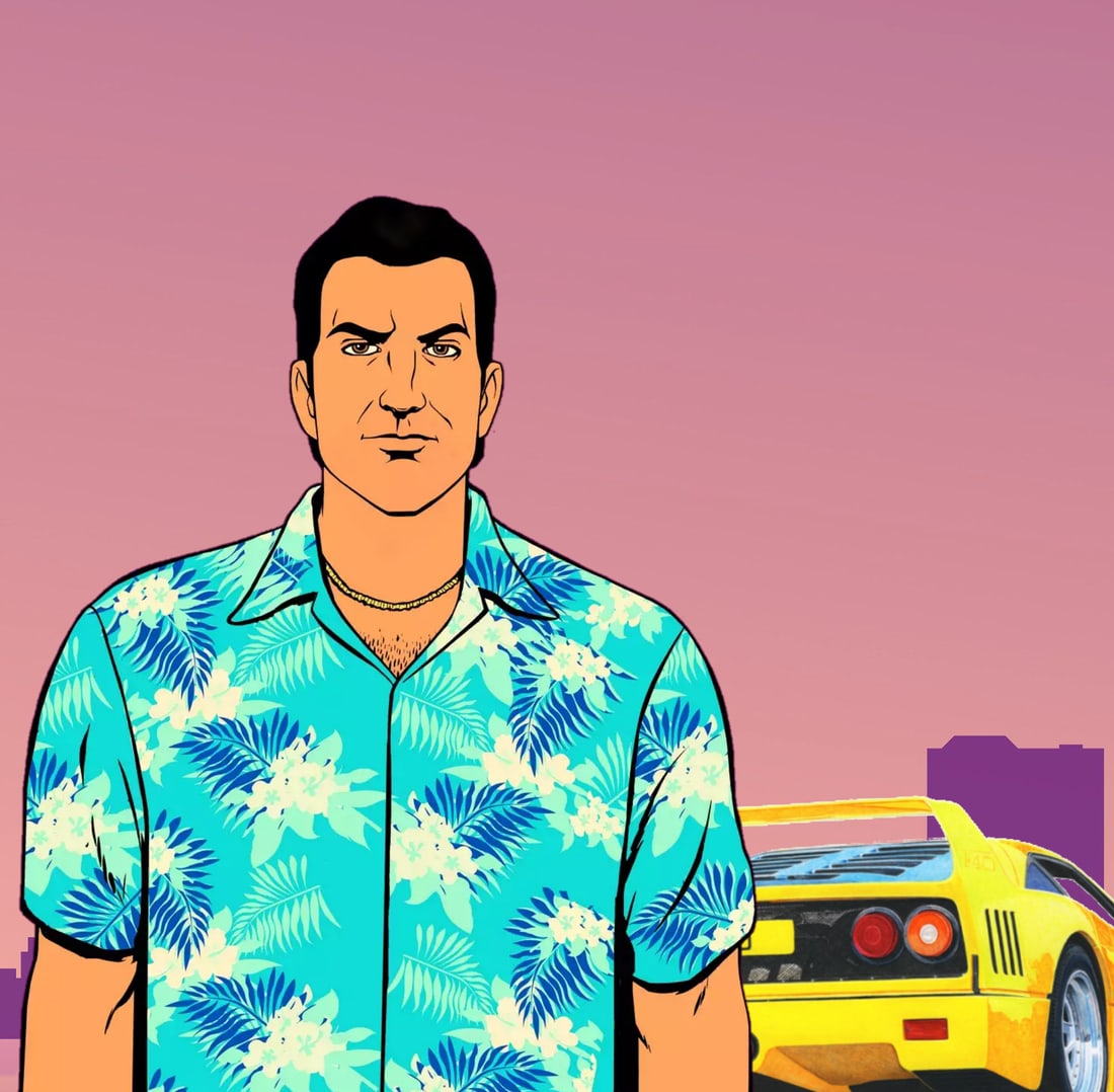 Tommy Vercetti in his Hawaiian shirt in front of a yellow Infernus, from the Vice City key art